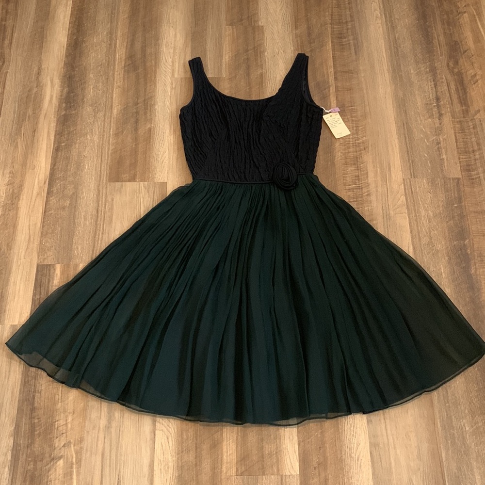 Minx Modes Vintage Rosettes Smocked Chiffon Little Black Dress LBD XS - Picture 5 of 13